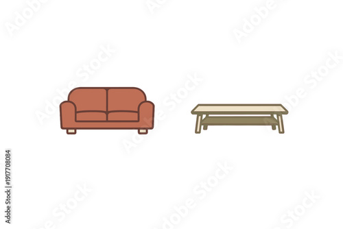 This minimalist illustration features a terracotta-colored two-seater sofa next to a light wood coffee table with a shelf, all set against a solid black background.
