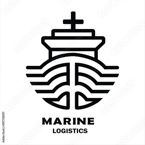 Clean marine logistics business logo with a stylized ship front and waves, symbolizing global transport
