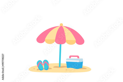 A flat vector illustration of a beach scene featuring a pink and yellow striped umbrella, a blue cooler, and a pair of flip-flops on a small patch of sand against a black background.