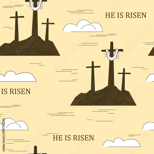 He is risen Easter seamless pattern, cross sky, cloud