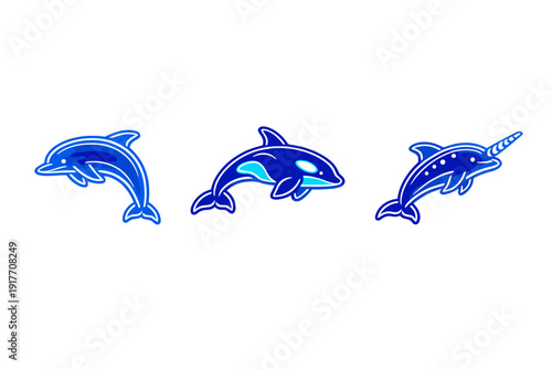 A set of three stylized glowing blue marine mammals featuring a dolphin, an orca, and a narwhal, presented as neon-style digital art against a dark black background.