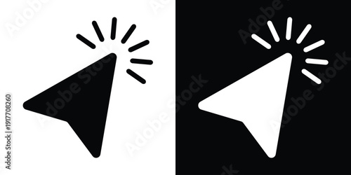 Solid triangular cursor arrow with radiating spark lines at the tip. Represents clicking, inspiration, or highlighting an action. Bold graphic symbol for mobile apps and interface design.