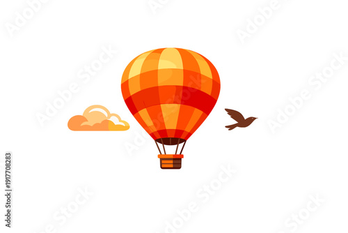 An orange hot air balloon with a basket floats in the air beside a stylized cloud and a brown bird. The flat vector illustration uses warm colors against a solid black backdrop.