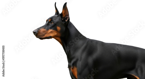 Quadro su tela Isolated Doberman pinscher looking to the side, cropped shot, black coat with br