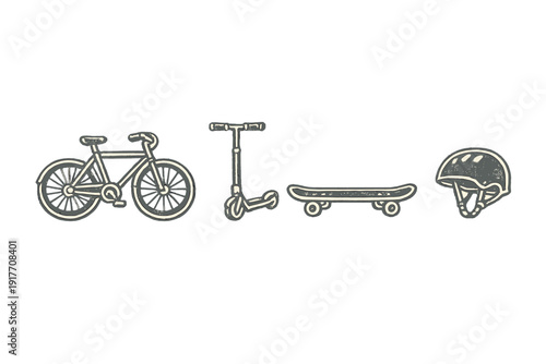 A minimalist illustration featuring a bicycle, a kick scooter, a skateboard, and a safety helmet arranged in a row. The white line art stands out against a solid black background.