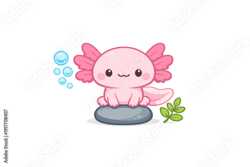 A cute pink cartoon axolotl sits on a grey rock underwater with blue bubbles and a green plant against a solid black background. This kawaii vector illustration has a chibi style.