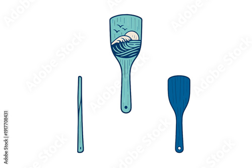 A vector illustration of a wooden kitchen spatula shown from three angles, featuring a decorative ocean wave design with a sun and birds on the front surface.