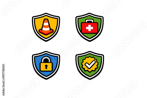 A set of four colorful shield icons on a black background, featuring a traffic cone, a first aid kit, a padlock, and a checkmark badge, representing safety and security concepts.