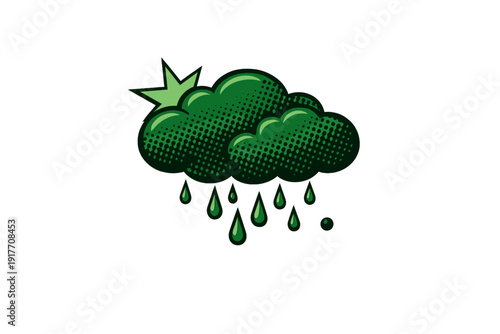 A stylized green cloud with a halftone pattern is shown raining against a solid black background. A small crown or star shape peeks out from behind the top of the cloud.