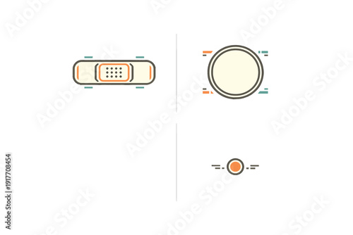 A minimalist illustration featuring four different styles of adhesive bandages in rectangular and circular shapes, presented on a black background divided into four quadrants.