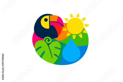 A vibrant circular illustration featuring a stylized toucan, a bright yellow sun, a green tropical leaf, and a blue water drop against a solid black background.
