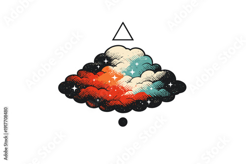 A stylized graphic illustration of a colorful cloud filled with stars and a night sky, featuring a white triangle above and a small circle below on a solid black background.