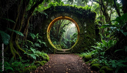 Stone archway glows amidst lush forest, a portal to an unknown, magical realm