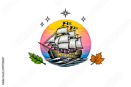 A vintage sailing ship navigates blue waves against a vibrant circular sunset background. The scene is accented by stars, a green leaf, and an orange maple leaf on a black backdrop.