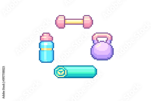 A collection of pixel art gym equipment featuring a pink dumbbell, a blue water bottle, a purple kettlebell, and a cyan yoga mat arranged on a solid black background.