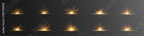 Bright golden flare glow with radiant rays and transparent overlay, shiny sparkle illumination vector effect for creative artwork.