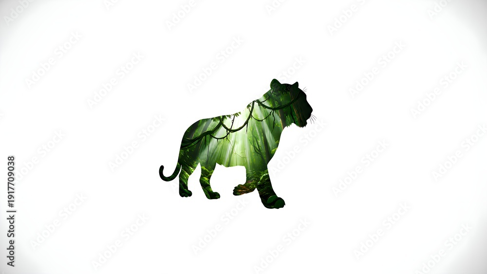 Obraz premium Silhouette profile of a majestic jungle cat filled with vibrant, sun-drenched rainforest imagery featuring lush green trees and hanging vines.