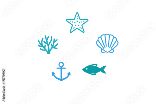 Five blue marine life and nautical icons featuring a starfish, seashell, coral, anchor, and fish are displayed in a circular arrangement against a black background.