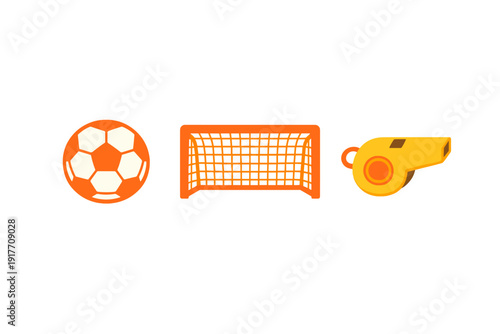 This graphic shows a stylized orange soccer ball, a goal post with a net, and a yellow referee whistle. The sports equipment icons are set against a plain black backdrop.