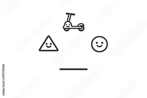 A minimalist black and white illustration featuring a kick scooter, a smiling triangle, and a smiling circle arranged around a central horizontal line on a dark background.