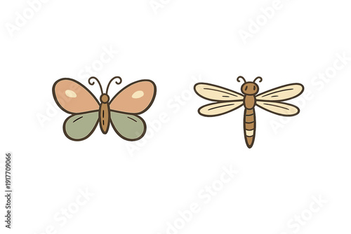 A stylized illustration of a butterfly and a dragonfly set against a solid black background. The insects feature muted earth tones like peach, sage green, and brown in a flat design.