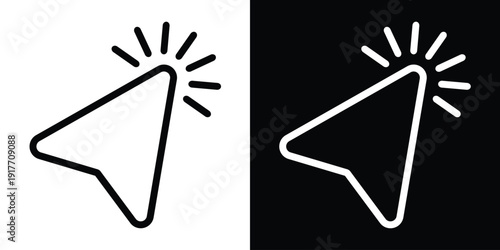 Linear outline cursor arrow featuring radiating energy lines. Minimalist wireframe style icon for modern web interfaces, touch gestures, and interactive menus. Elegant stroke design.
