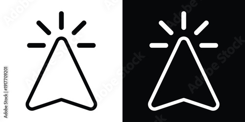 Linear outline cursor arrow featuring radiating energy lines. Minimalist wireframe style icon for modern web interfaces, touch gestures, and interactive menus. Elegant stroke design.