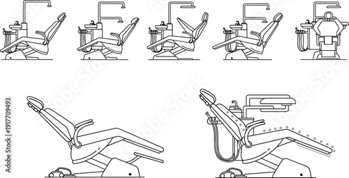 Dental chair icon set with various adjustable positions and medical equipment for dentistry clinic or orthodontist vector,