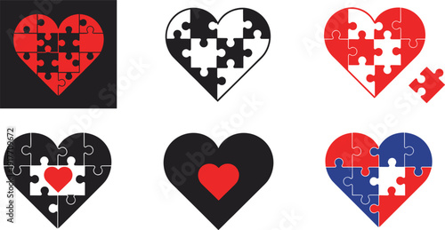 Heart puzzle icon set with jigsaw pieces in red black and blue for autism awareness and love vector