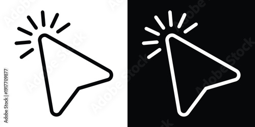 Linear outline cursor arrow featuring radiating energy lines. Minimalist wireframe style icon for modern web interfaces, touch gestures, and interactive menus. Elegant stroke design.
