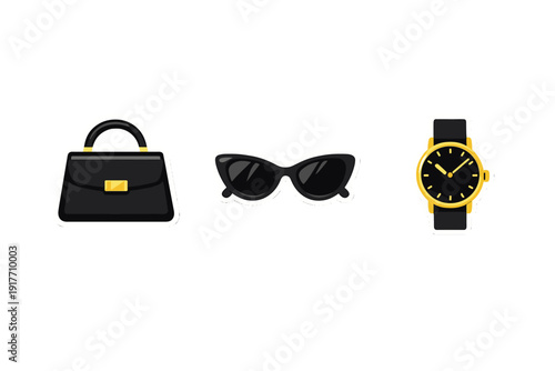 Three fashion accessory stickers including a black handbag, cat-eye sunglasses, and a gold wristwatch are displayed against a solid black background in a flat illustration style.