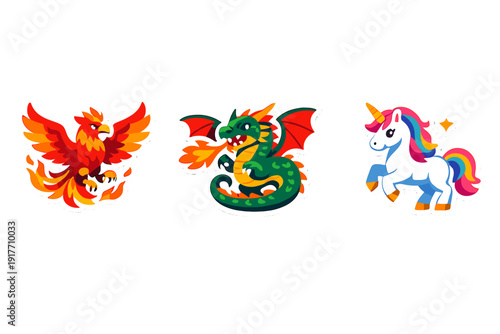 Three colorful cartoon stickers of mythical creatures including a fiery red phoenix, a green fire-breathing dragon, and a white unicorn with a rainbow mane on a black background.