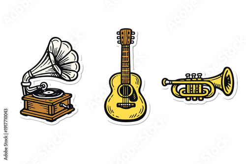 A collection of vintage musical instrument stickers featuring a gramophone, an acoustic guitar, and a trumpet, all illustrated in a hand-drawn retro style on a black background.