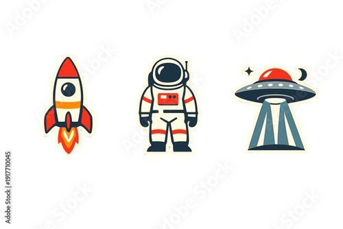 A set of three space-themed stickers featuring a rocket ship with flames, an astronaut in a white spacesuit, and a flying saucer with a light beam against a solid black background.