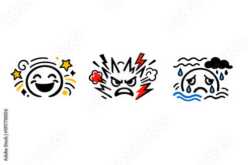A set of three expressive emoji stickers depicting joy with stars, rage with lightning, and sorrow with rain and tears, all featuring bold outlines and vibrant accent colors.