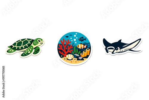 A collection of three marine life stickers featuring a green sea turtle, a circular coral reef scene with a clownfish, and a manta ray against a solid black background.