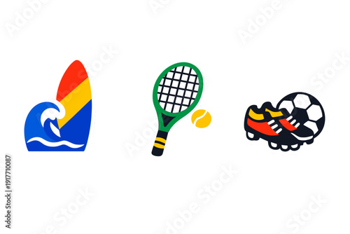 A collection of three vibrant sports icons including a surfboard with a blue wave, a green tennis racket with a ball, and soccer cleats next to a soccer ball on black.