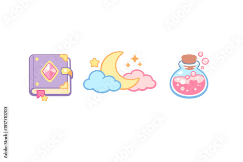 A collection of three pastel magical icons featuring a purple spellbook, a crescent moon with clouds, and a pink potion bottle with a heart, all set against a solid black background.