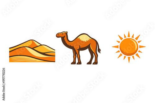 This graphic set includes three stylized icons of orange sand dunes, a brown dromedary camel, and a bright yellow sun, all isolated against a solid black background.