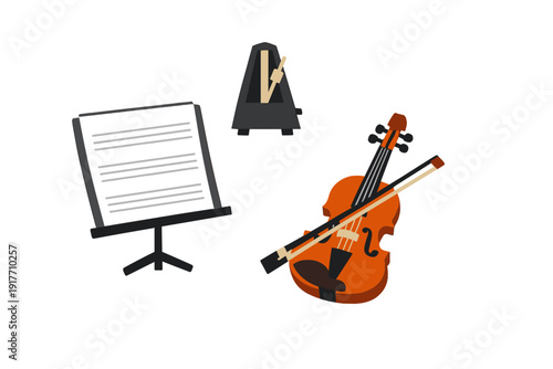 A flat vector illustration featuring a violin with its bow, a black music stand holding sheet music, and a mechanical metronome, all set against a solid black background.