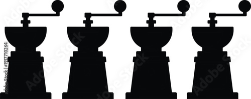 Black silhouettes of four manual coffee grinders manual grinders white background