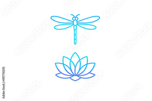 A minimalist line art illustration featuring a cyan and purple gradient dragonfly hovering above a stylized lotus flower, set against a solid black background.