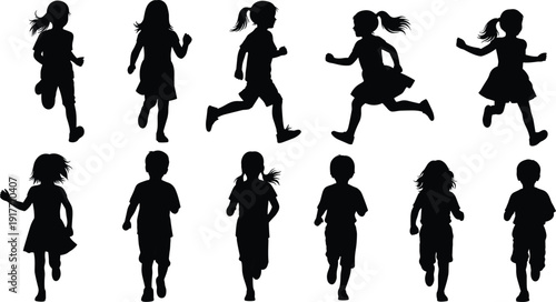 Black silhouettes of children running on white background kids