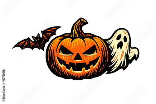 A stylized illustration featuring a carved orange jack-o'-lantern with a menacing face, accompanied by a flying bat and a ghostly figure against a solid black background.
