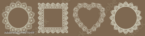 Hand drawn vintage whimsical lace frames and doilies decorations with floral ornament details. Crochet, whimsy decorative circular, square and heart borders in retro style. Vector illustration.