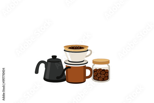 A flat illustration of coffee brewing equipment featuring a black gooseneck kettle, a pour-over dripper on a brown mug, and a glass jar filled with roasted coffee beans on a black background.