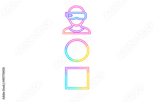 A vertical row of neon icons featuring a person wearing a virtual reality headset, a circle, and a square. The colorful glowing outlines are set against a solid black background.