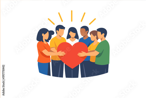 A flat vector illustration of a diverse group of people standing together and holding a large red heart against a black background with yellow light rays shining above them.