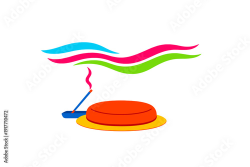 This minimalist vector illustration features a burning incense stick in a blue holder beside an orange cushion, with vibrant blue, pink, and green wavy lines on a black background.