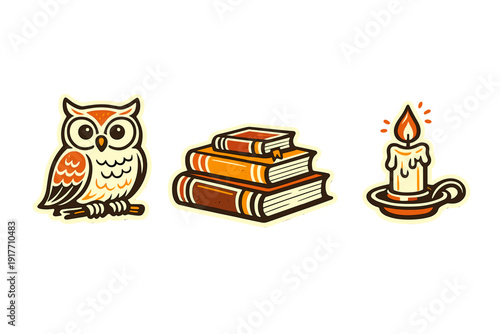 A set of three stylized illustrations featuring a wise owl, a stack of vintage books, and a lit candle in a holder. The artwork uses a warm orange and brown color palette on a black background.